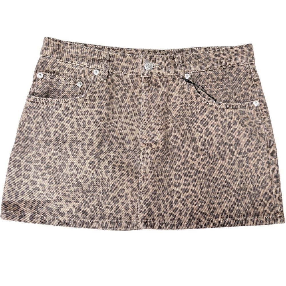 Zara NWT‎ Leopard Print Denim Mini Skirt Brown Tan Animal Print Size M